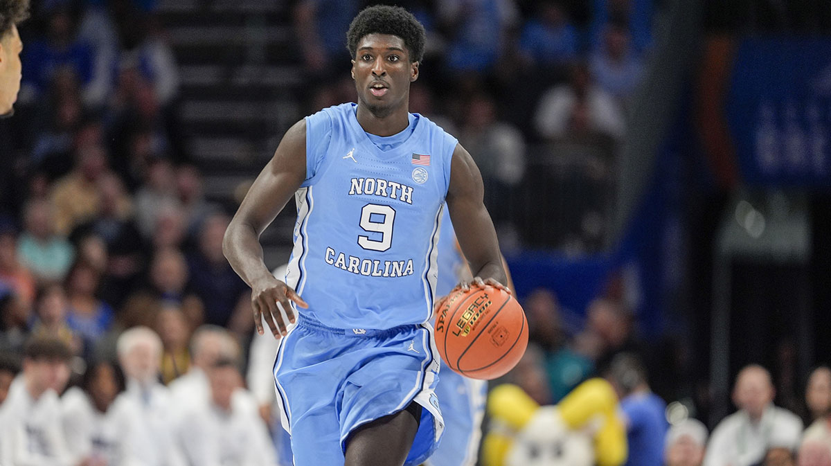 North Carolina Tar Heels guard Drake Powell (9) during the first half against the Duke Blue Devils at Spectrum Center.