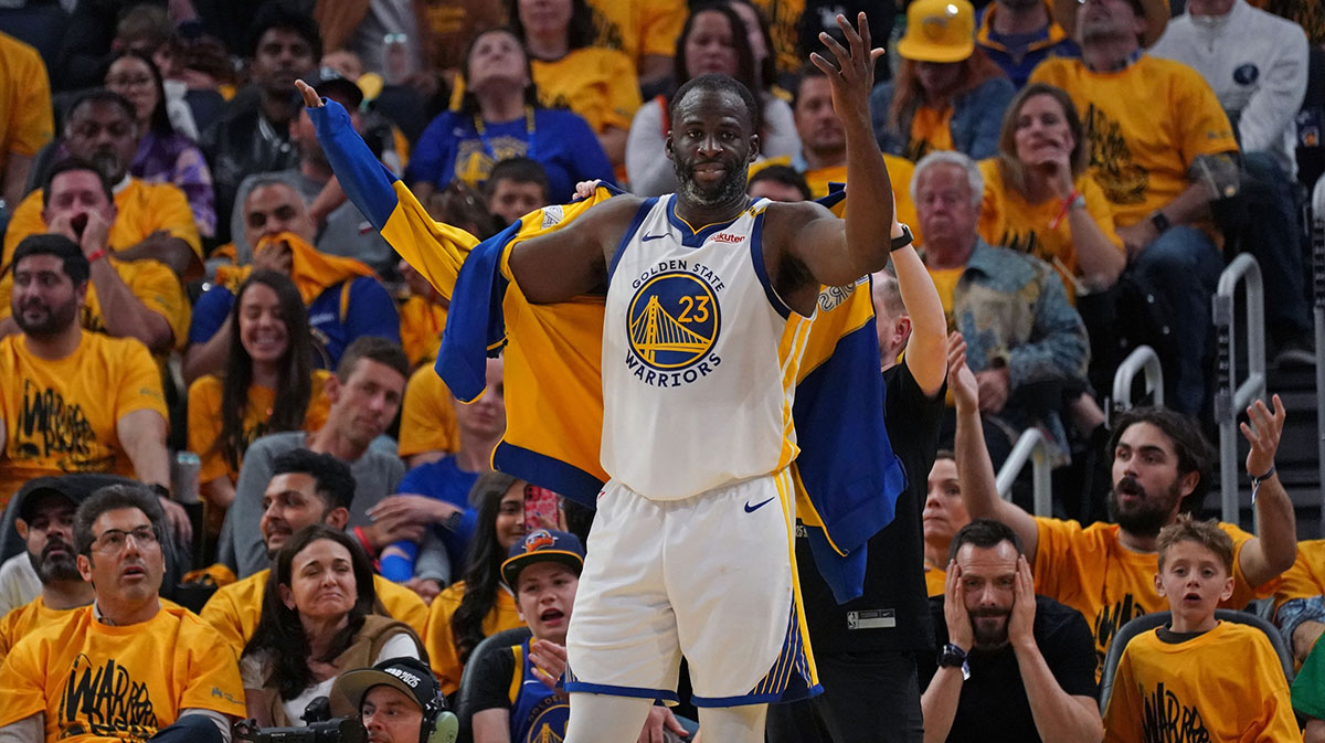 Golden State Warriors forward Draymond Green (23) reacts after his sixth foul against the Minnesota Timberwolves in the fourth quarter during game three in the second round for the 2025 NBA Playoffs at Chase Center.