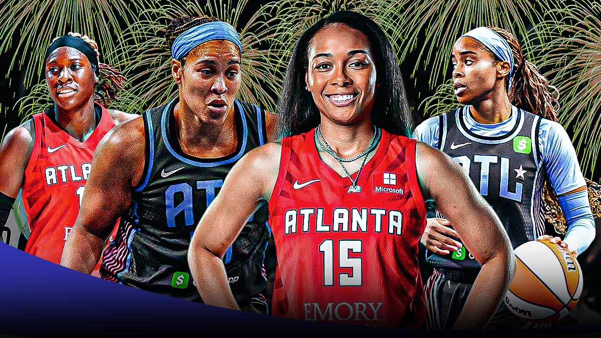 Allisha Gray, Rhyne Howard, Brionna Jones, Jordin Canada all beside each other, Fireworks in the background