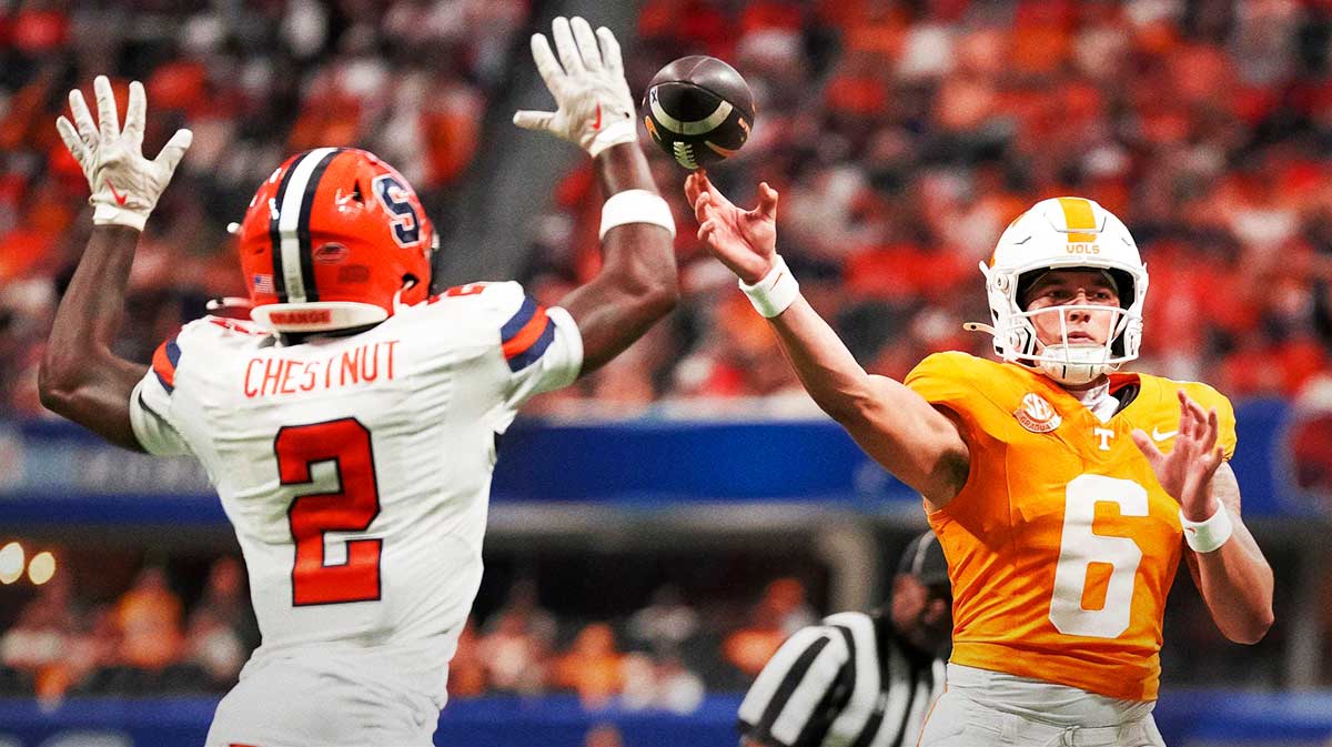 Tennessee quarterback Joey Aguilar (6) throws past Syracuse defensive back Duce Chestnut (2) during the Aflac Kickoff Game between the Volunteers and Syracuse held at Mercedes-Benz Stadium in Atlanta, Ga., on August 30, 2025.