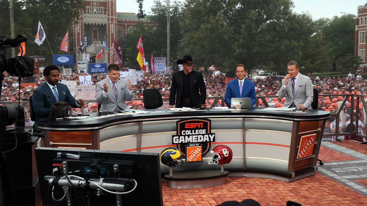 Hosts take their seats for ESPN College GameDay ahead of the University of Oklahoma-Michigan College football game on Sep 6, 2025 in Norman.