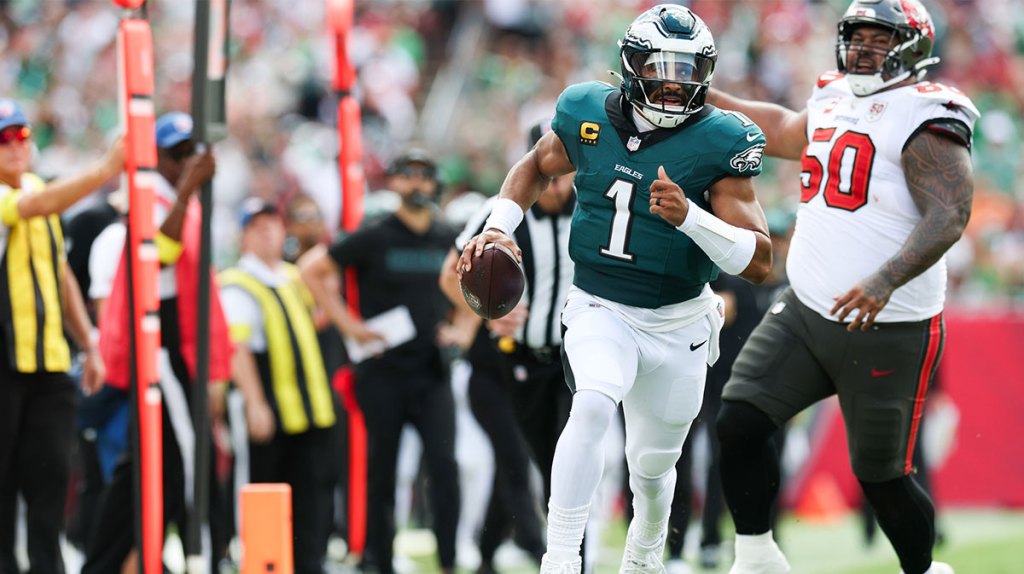 Philadelphia Eagles quarterback Jalen Hurts (1) runs the ball during the first quarter against the Tampa Bay Buccaneers at Raymond James Stadium.