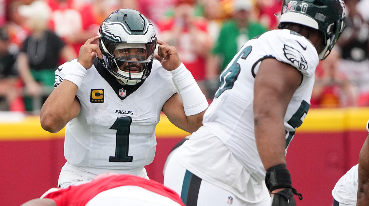 Philadelphia Eagles quarterback Jalen Hurts (1) calls a play line of scrimmage against the Kansas City Chiefs during the second quarter of the game at GEHA Field at Arrowhead Stadium.