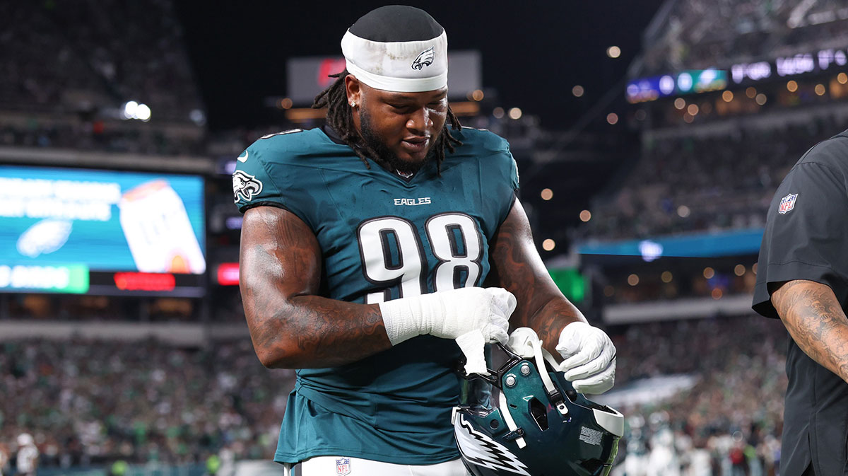 Philadelphia Eagles defensive tackle Jalen Carter (98) walks off the field after being ejected during the first quarter of the game against the Dallas Cowboys at Lincoln Financial Field.