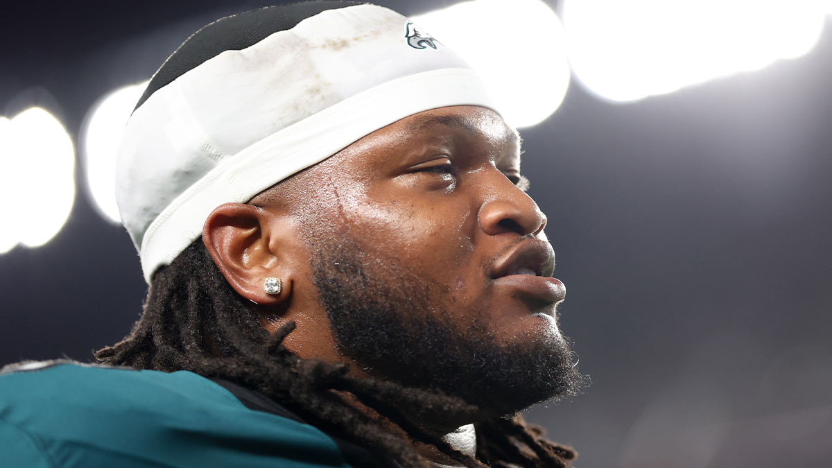 Eagles defensive tackle Jalen Carter (98) walks off the field after being ejected during the first quarter of the game against the Dallas Cowboys at Lincoln Financial Field