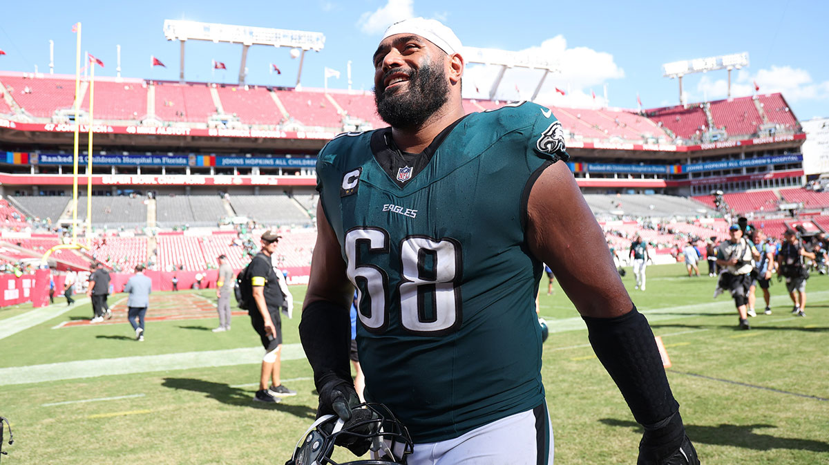 Philadelphia Eagles offensive tackle Jordan Mailata (68) smiles after the game against the Tampa Bay Buccaneers at Raymond James Stadium.
