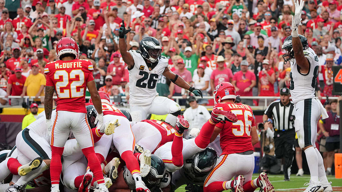 The Philadelphia Eagles celebrate after scoring a touchdown against the Kansas City Chiefs during the fourth quarter of the game at GEHA Field at Arrowhead Stadium.