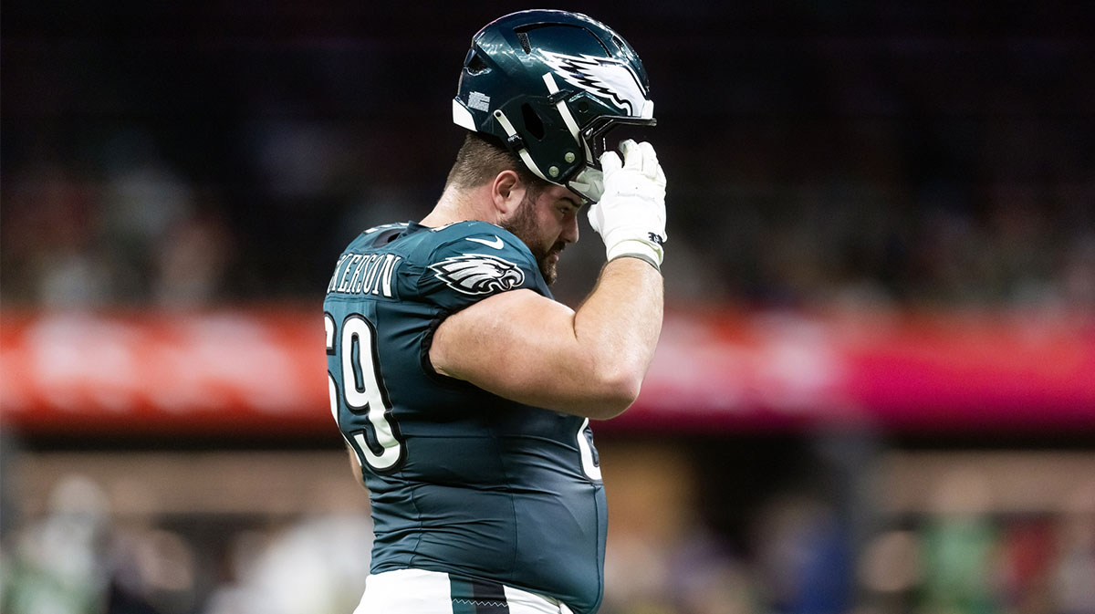 Philadelphia Eagles guard Landon Dickerson (69) against the Kansas City Chiefs during Super Bowl LIX at Ceasars Superdome.