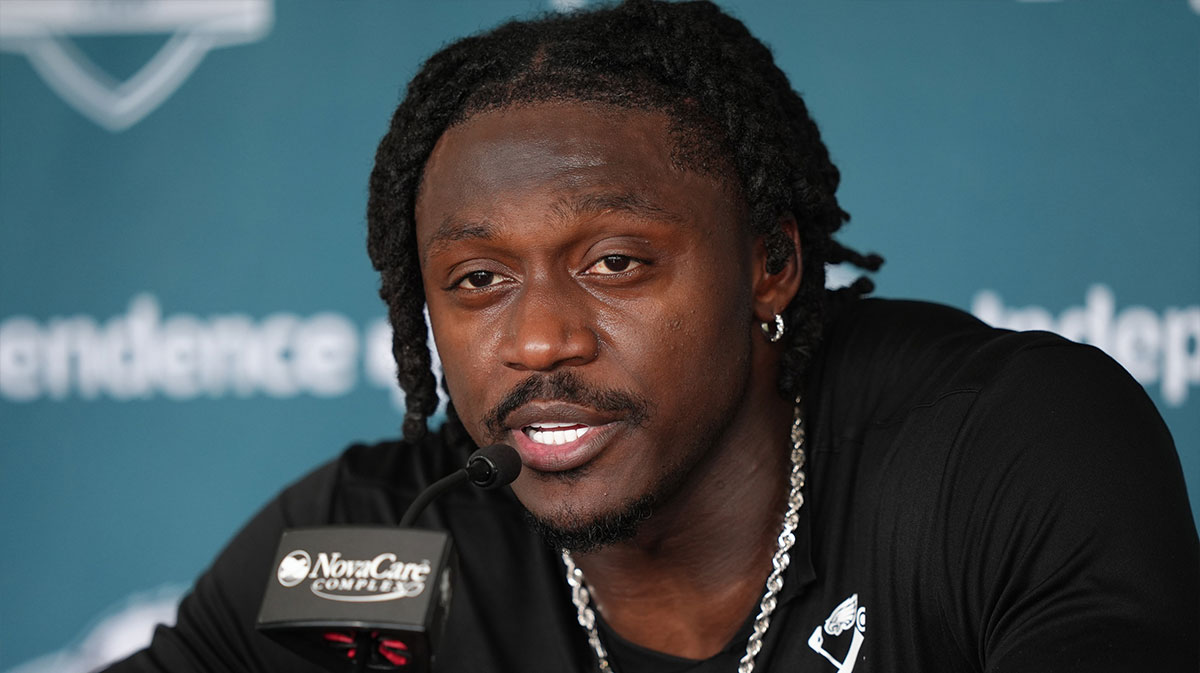 Philadelphia Eagles wide receiver A.J. Brown (11) addresses media during training camp at NovaCare Complex. Mandatory Credit: Kyle Ross-Imagn Images