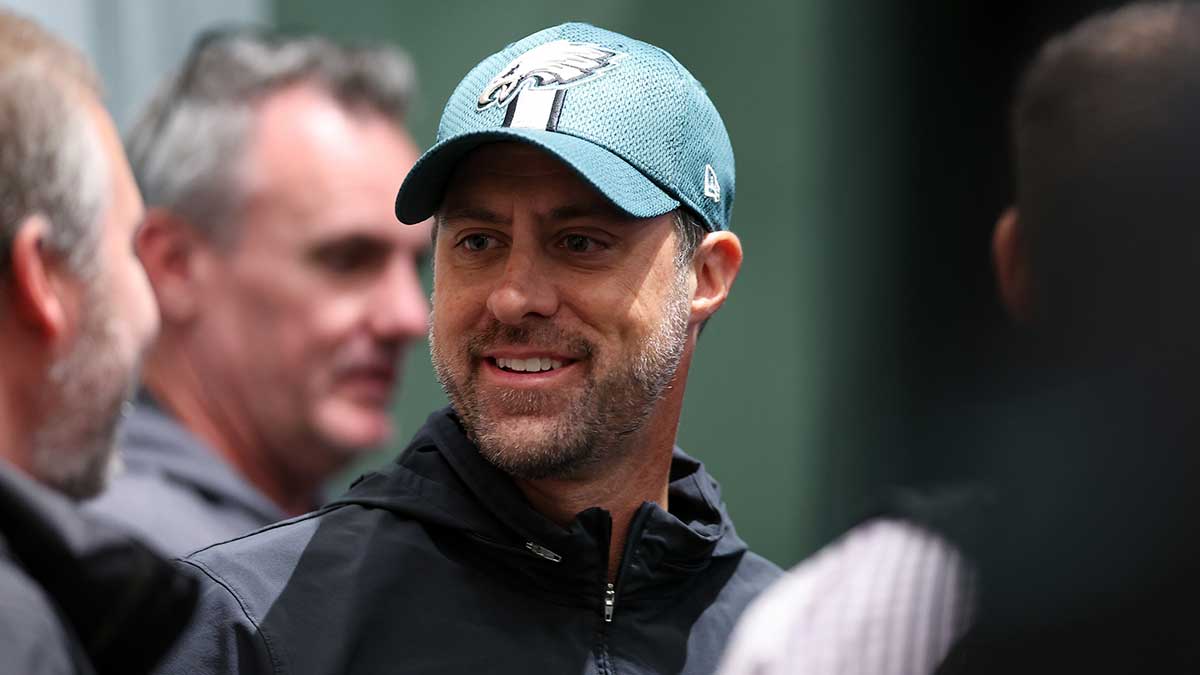 Philadelphia Eagles offensive coordinator Kevin Patullo speaks with the media at NovaCare Complex.