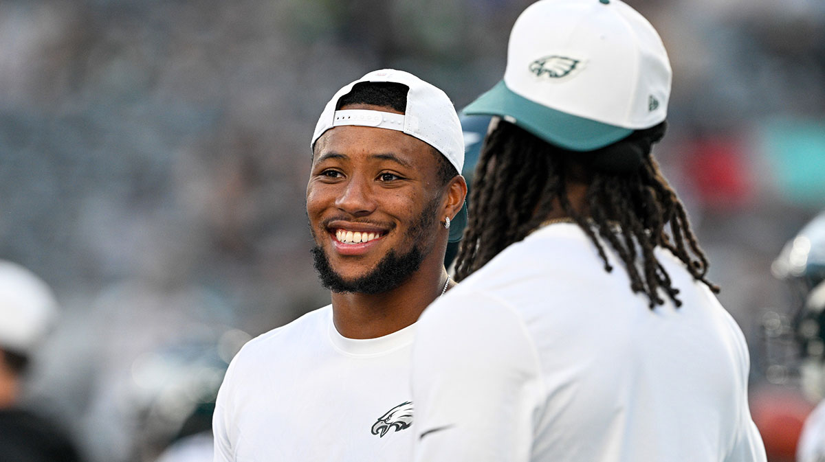 Philadelphia Eagles running back Saquon Barkley (26) looks on before the game against the New York Jets at MetLife Stadium.