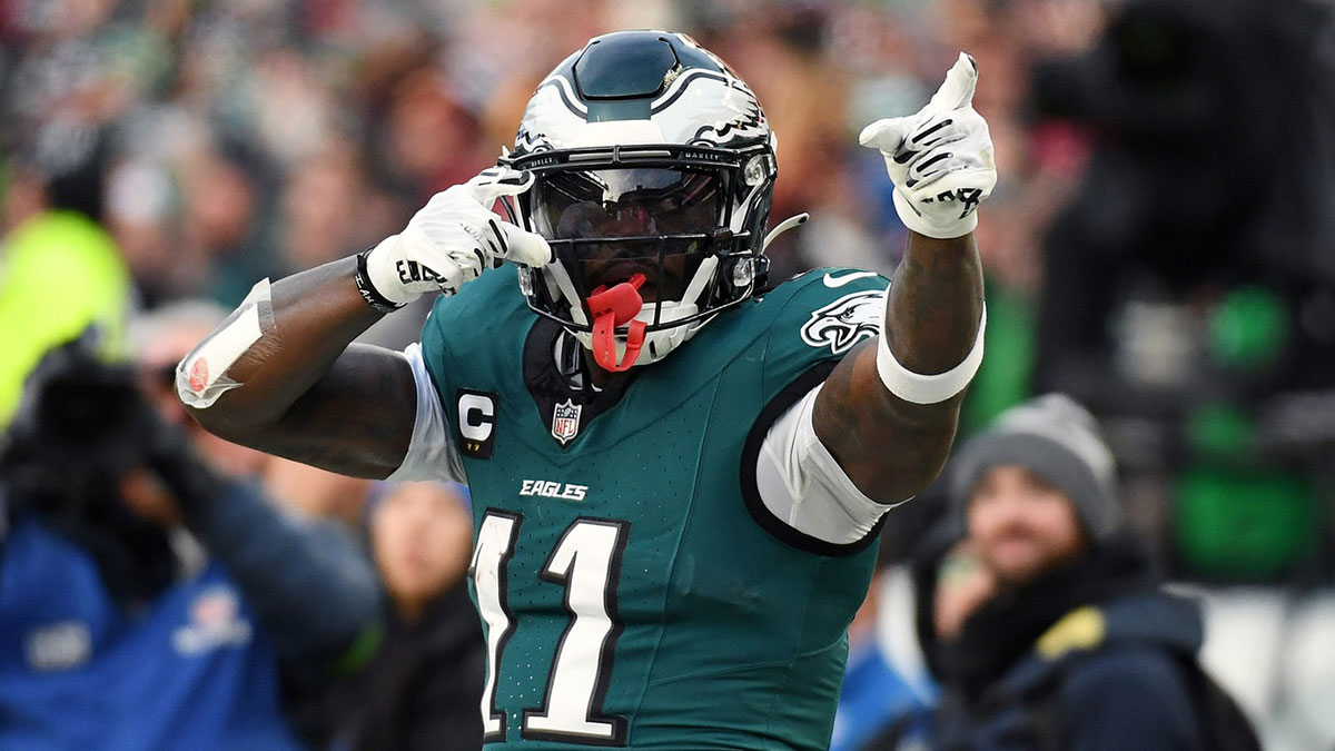 Philadelphia Eagles wide receiver A.J. Brown (11) reacts after a play against the Washington Commanders during the first half in the NFC Championship game at Lincoln Financial Field.