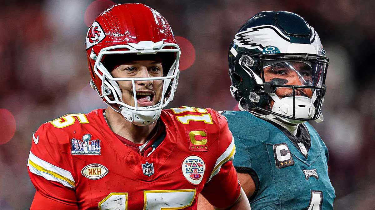 Jalen Hurts and Patrick Mahomes in front of the Chiefs stadium