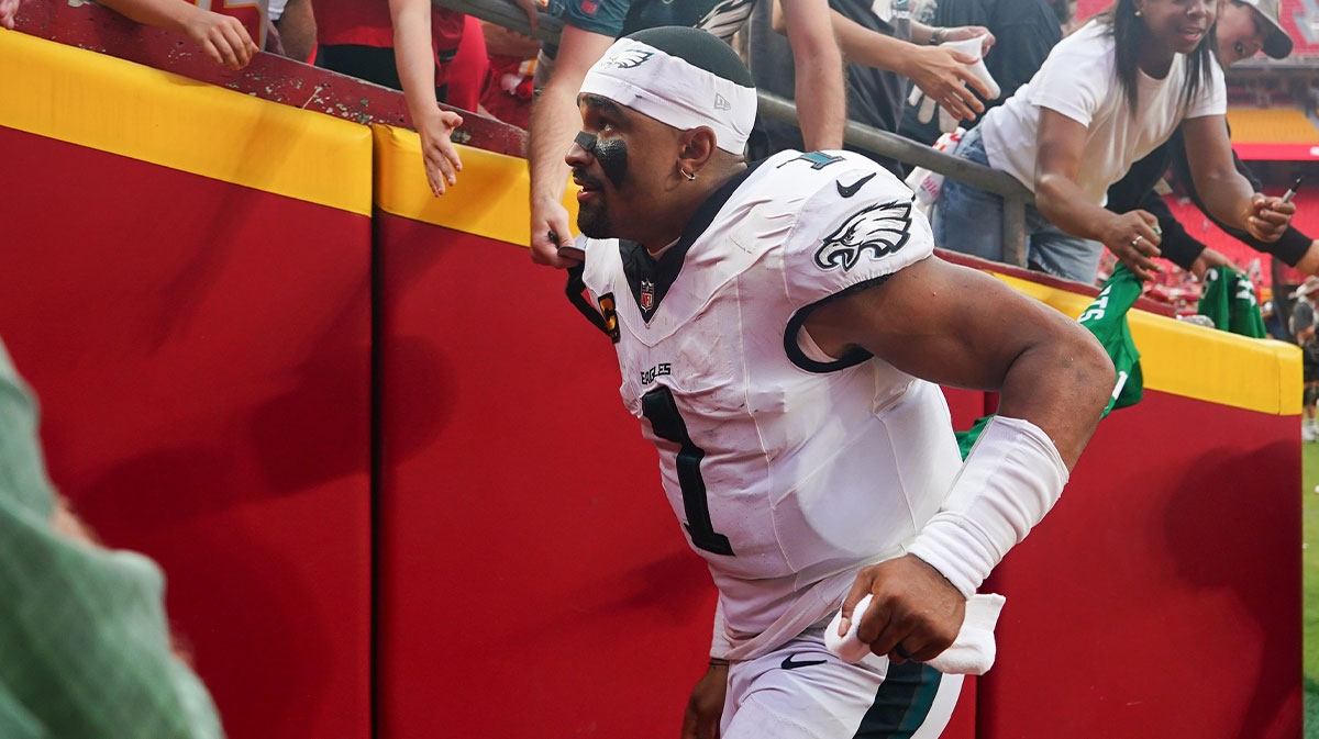 Philadelphia Eagles quarterback Jalen Hurts (1) runs off the field after the game against the Kansas City Chiefs at GEHA Field at Arrowhead Stadium.