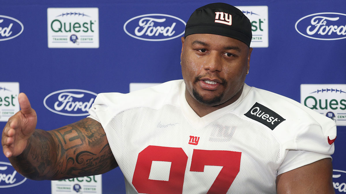 New York Giants defensive tackle Dexter Lawrence II (97) talks with media during training camp at Quest Diagnostics Training Center. Mandatory Credit: Vincent Carchietta-Imagn Images