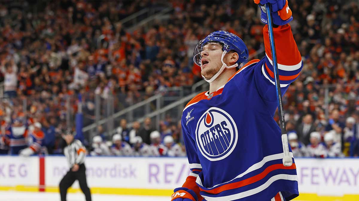 Edmonton Oilers forward Vasily Podkolzin (92) celebrates after scoring a goal during the first period against the New York Rangers at Rogers Place.