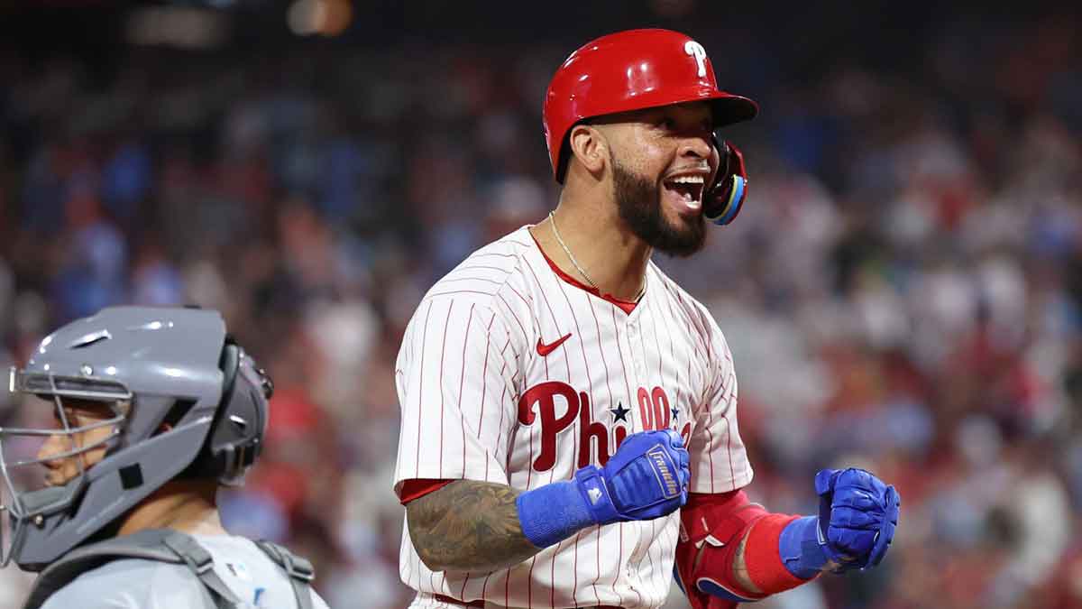 Philadelphia Phillies short stop Edmundo Sosa (33) reacts after hitting a three RBI home run during the fifth inning against the Miami Marlins at Citizens Bank Park.