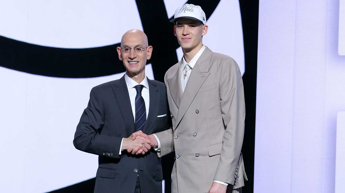 Egor Demin stands with NBA commissioner Adam Silver after being selected as the eighth pick by the Brooklyn Nets in the first round of the 2025 NBA Draft at Barclays Center.