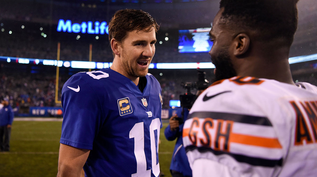 Former New York Giants teammates Eli Manning and Prince Amukamara, who was on the Chicago Bears at the time.