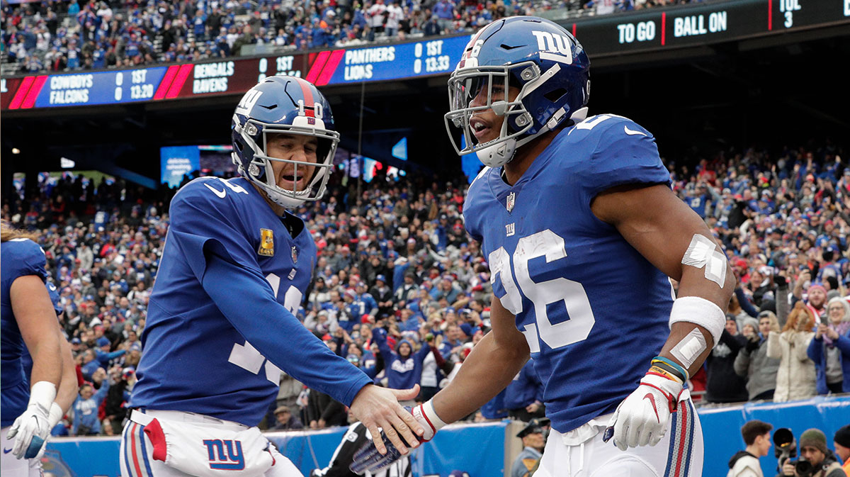 Eli Manning and Saquon Barkley, the subject of Prime Video's self titled documentary produced by Martin Scorsese, on the New York Giants.