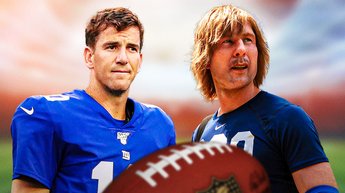 New York Giants legend Eli Manning with Chad Powers star Glen Powell.