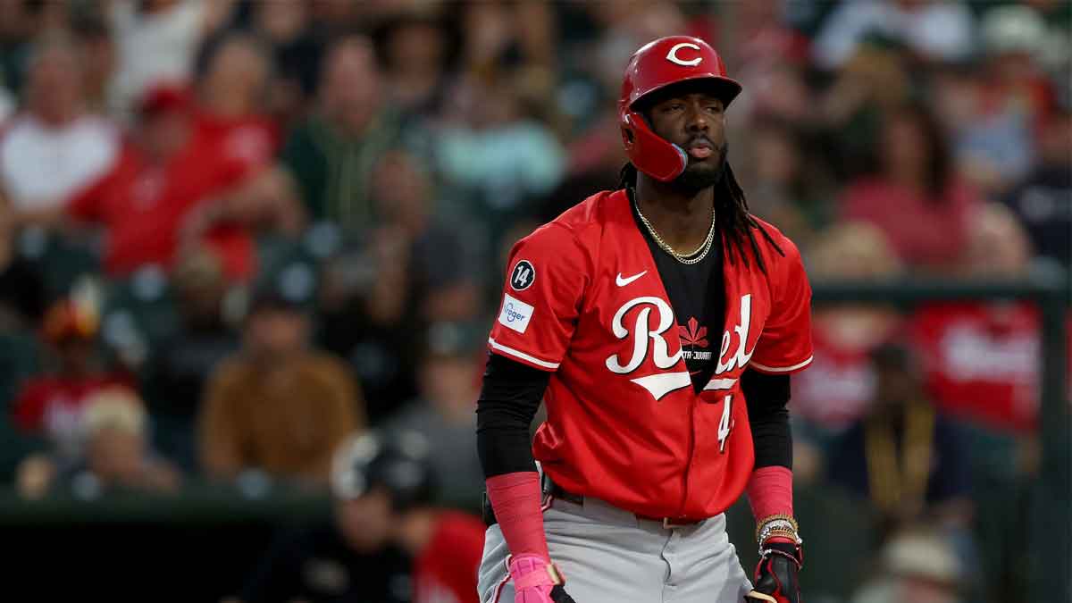 Cincinnati Reds shortstop Elly De La Cruz (44) reacts after a called third strike in a game against the Athletics during the first inning at Sutter Health Park.