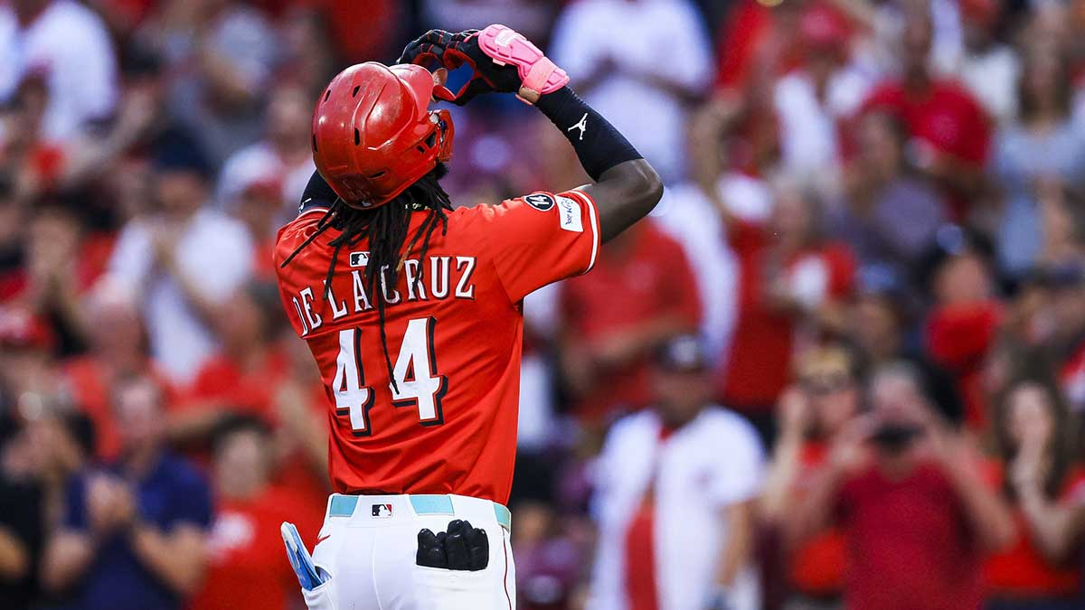 Cincinnati Reds shortstop Elly De La Cruz (44) reacts after hitting a two-run home run in the second inning against the Pittsburgh Pirates at Great American Ball Park.