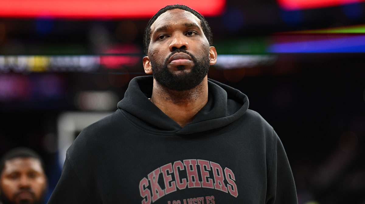 Philadelphia 76ers center Joel Embiid looks on after the game against the Milwaukee Bucks at Wells Fargo Center