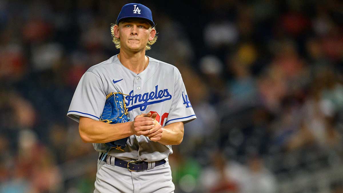 Los Angeles Dodgers starting pitcher Emmet Sheehan (80) looks on during the third inning against the Washington Nationals at Nationals Park.