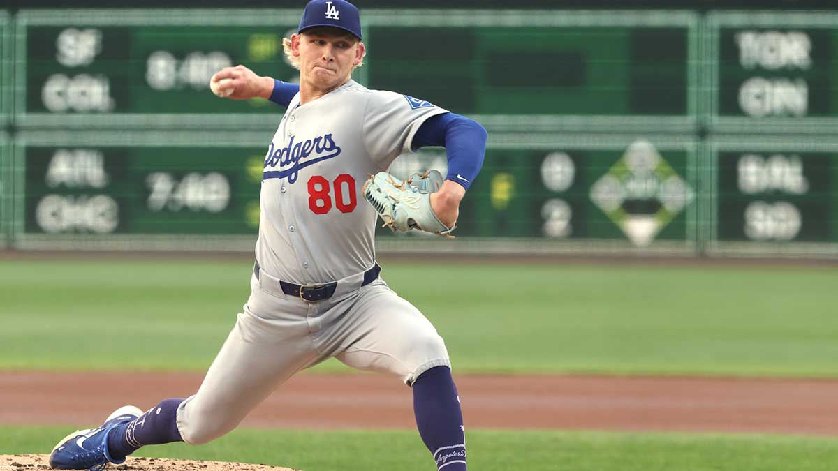 Sep 3, 2025; Pittsburgh, Pennsylvania, USA; Los Angeles Dodgers starting pitcher Emmet Sheehan (80) delivers a pitch against the Pittsburgh Pirates during the first inning at PNC Park.
