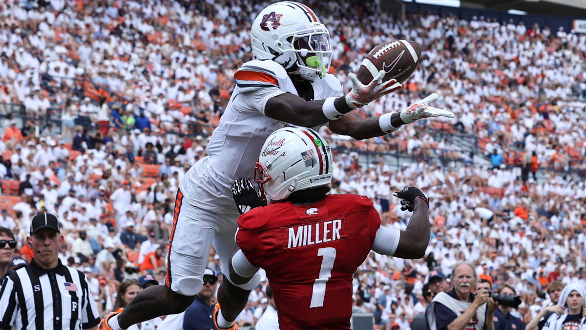  South Alabama Jaguars safety Wesley Miller (1) breaks up a pass intended for Auburn Tigers wide receiver Eric Singleton Jr. (1) during the third quarter at Jordan-Hare Stadium. 