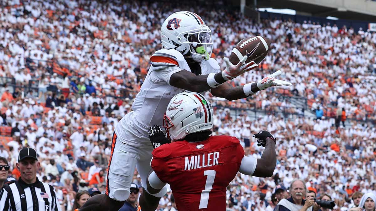 South Alabama Jaguars safety Wesley Miller (1) breaks up a pass intended for Auburn Tigers wide receiver Eric Singleton Jr. (1) during the third quarter at Jordan-Hare Stadium.