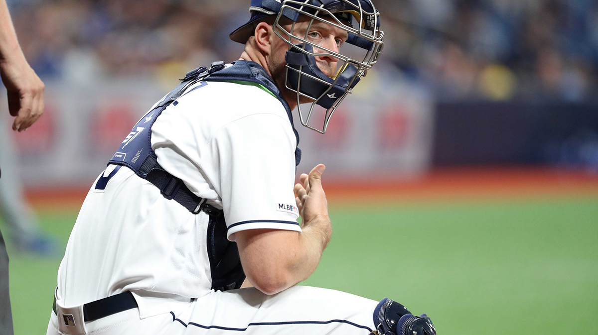 Tampa Bay Rays catcher Erik Kratz (6) looks on during the ninth inning against the Los Angeles Dodgers