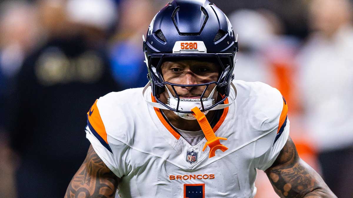 Denver Broncos tight end Evan Engram (1) during warmups before the game against the New Orleans Saints