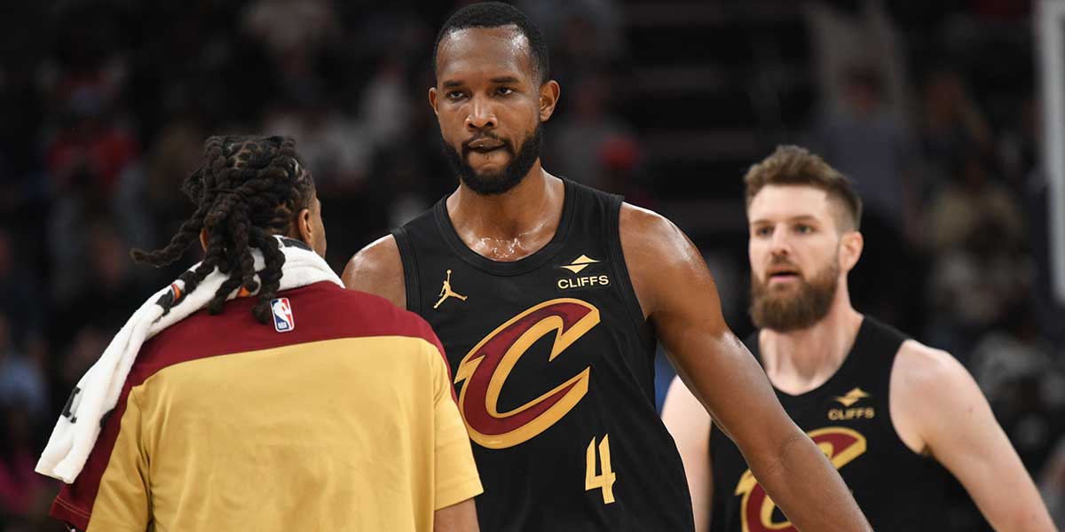 Cleveland Cavaliers power forward Evan Mobley (4) celebrates with teammates after making a three-pointer in the 1st quarter of the Cleveland Cavaliers vs. Memphis Grizzlies at FedExForum.