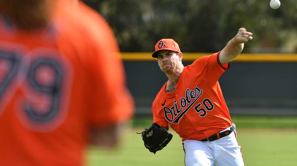 Orioles pitcher Bruce Zimmerman (#50) throws during practice Thursday. The Baltimore Orioles started spring training on Thursday, Feb. 15th with the first workout for pitchers and catchers at Ed Smith Stadium in Sarasota, Florida. Position players report next week with the first full squad workout on Tuesday, February 20th.