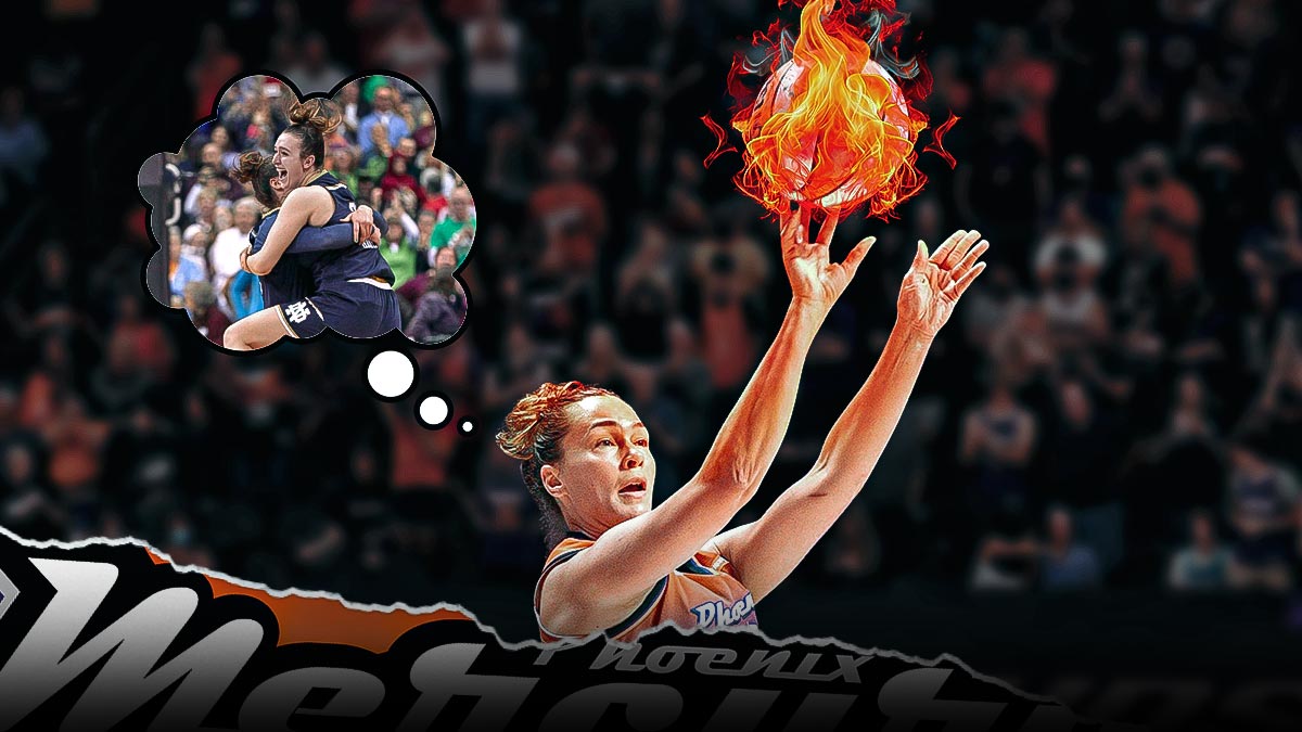 Kathryn Westbeld shooting a ball of fire in a Phoenix Mercury jersey, with a thought bubble of a photo of the 2017-18 Notre Dame Fighting Irish Women’s Basketball team celebrating the National Championship.