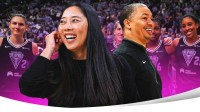 Natalie Nakase and Tyronn Lue are happy with Valkyries players behind them in the background.