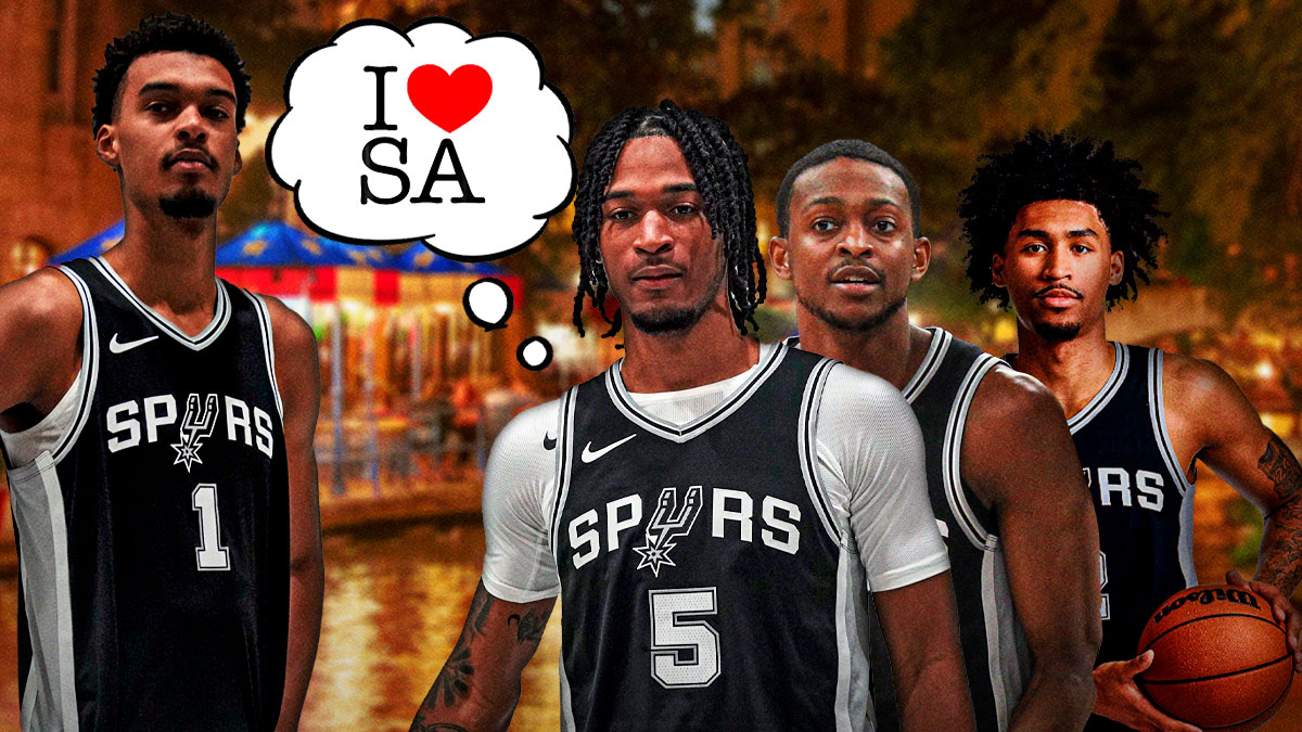 Spurs' Stephon Castle thinking "I love SA" next to Victor Wembanyama, Dylan Harper, and De'Aaron Fox