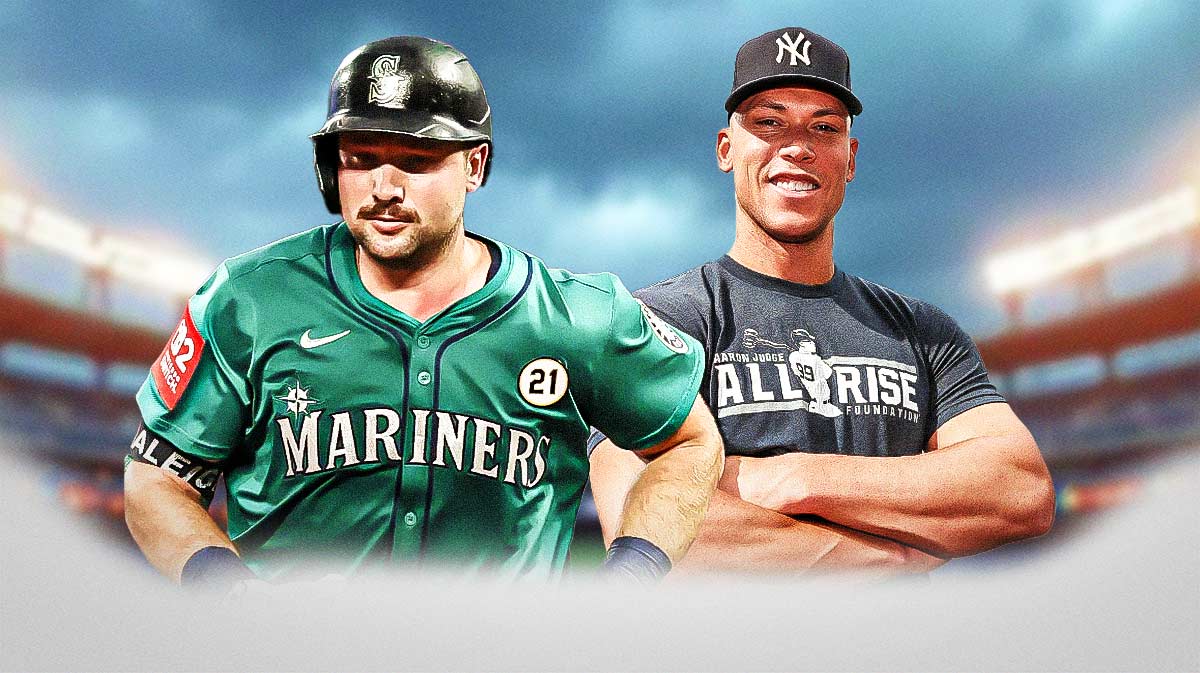 Mariners Cal Raleigh and Yankees Aaron Judge with a baseball diamond in the background.