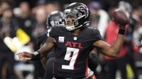 Atlanta Falcons quarterback Michael Penix Jr. (9) throws during the first half against the Washington Commanders at Mercedes-Benz Stadium.