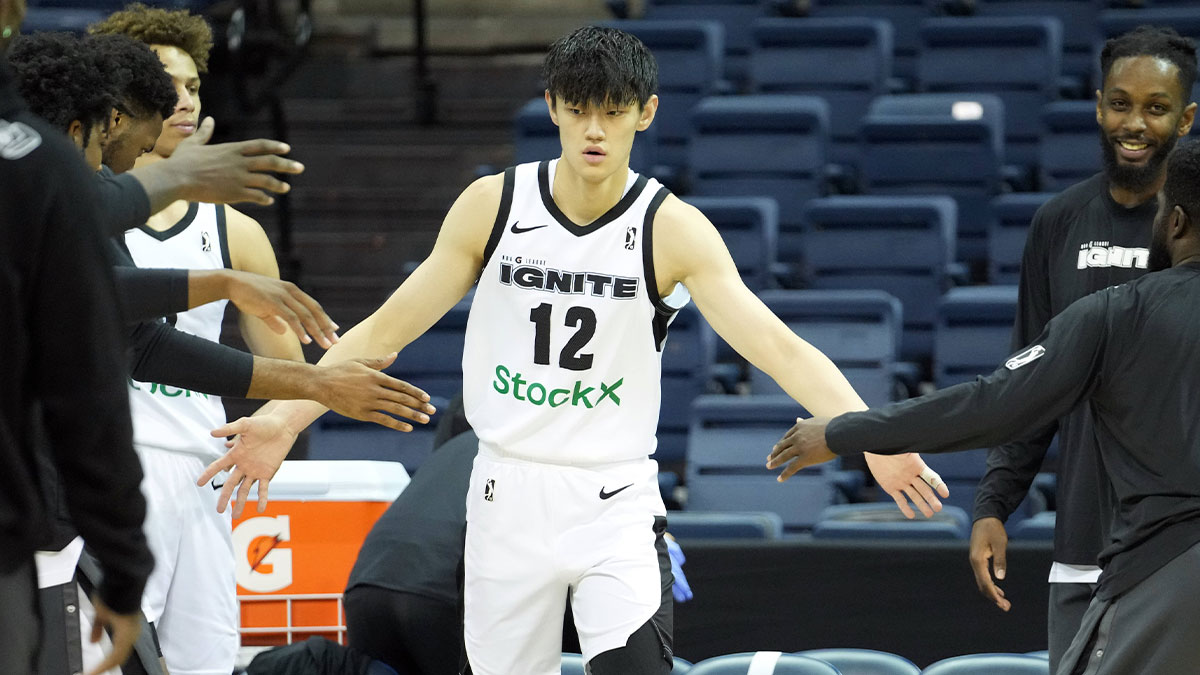 G League Ignite forward Fanbo Zeng (12) is introduced before the game against the Stockton Kings at Stockton Arena.