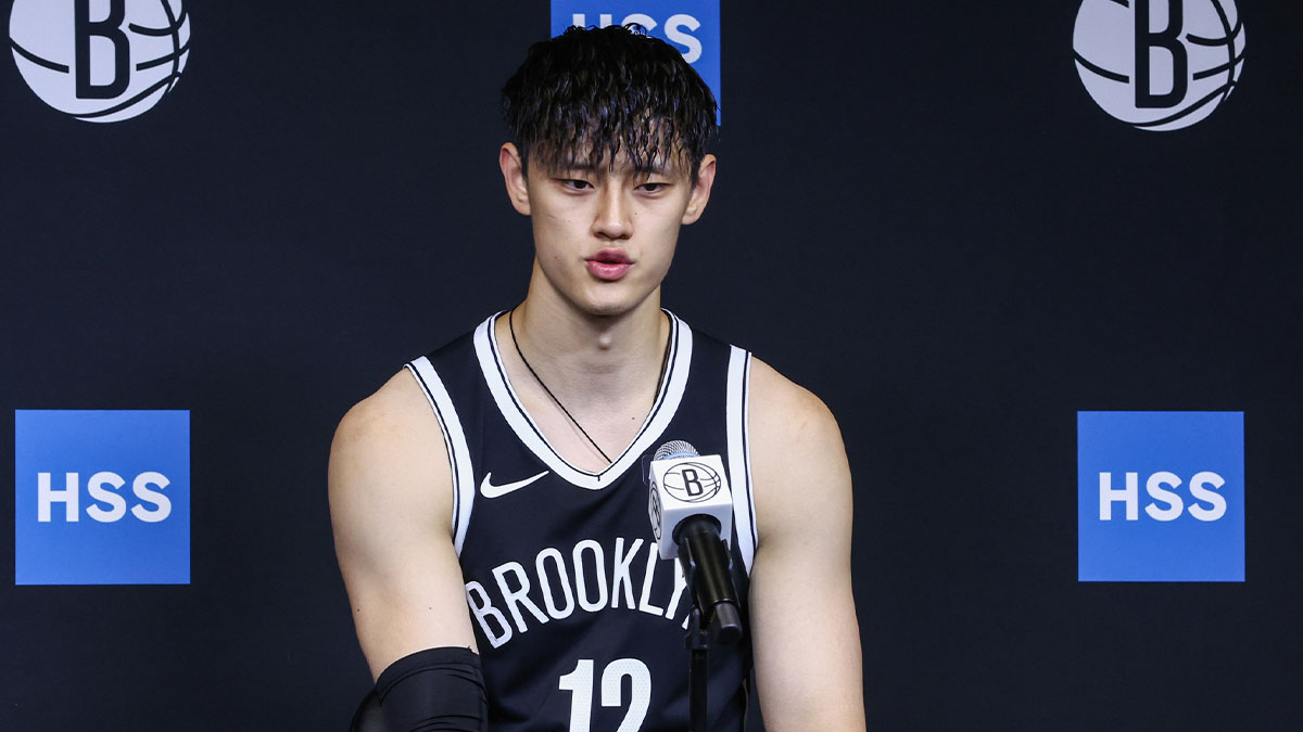 Brooklyn Nets forward Zeng Fanbo (12) speaks at Media Day.