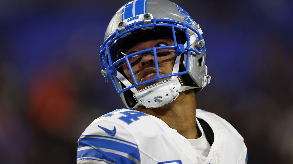 Detroit Lions wide receiver Amon-Ra St. Brown (14) practices before the game against the Baltimore Ravens at M&T Bank Stadium.