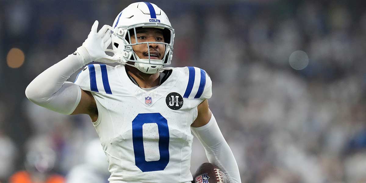 Indianapolis Colts safety Cam Bynum (0) celebrates after making an interception Sunday, Sept. 14, 2025, during a game against the Denver Broncos at Lucas Oil Stadium in Indianapolis.