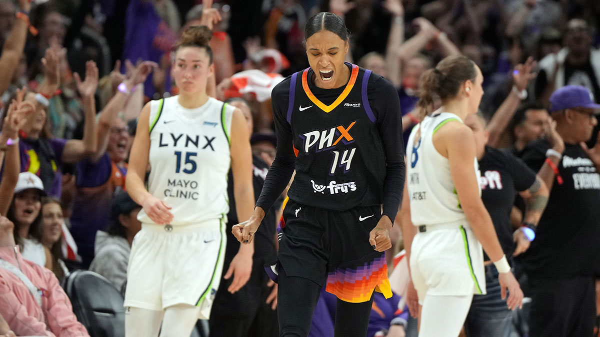 Phoenix Mercury forward DeWanna Bonner (14) reacts after scoring against the Minnesota Lynx in the second half during game four of the second round for the 2025 WNBA Playoffs at PHX Arena.