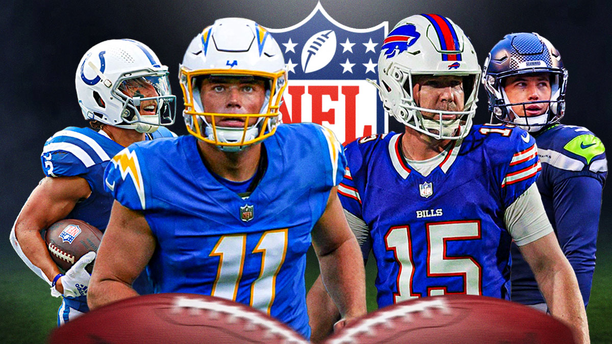 Colts K Spencer Shrader, Chargers K Cameron Dicker, Bills K Matt Prater and Seahawks K Jason Myers. NFL Fantasy football logo behind them