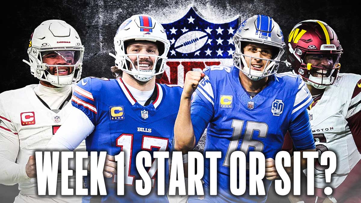 Here we have fantasy football Quarterbacks Kyler Murray, Josh Allen, Jared Goff, and Jayden Daniels with the NFL wallpaper background.