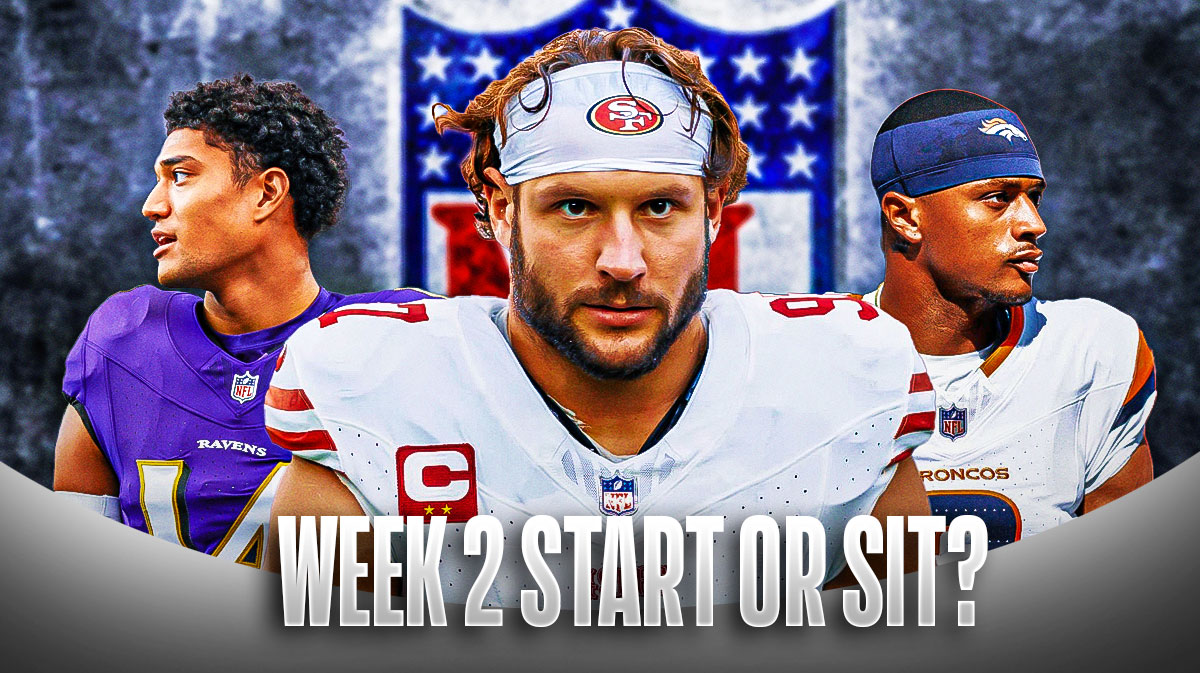 49ers edge rusher Nick Bosa next to Ravens safety Kyle Hamilton and Broncos CB Pat Surtain II. There is also text reading "Week 2 Start or Sit?"