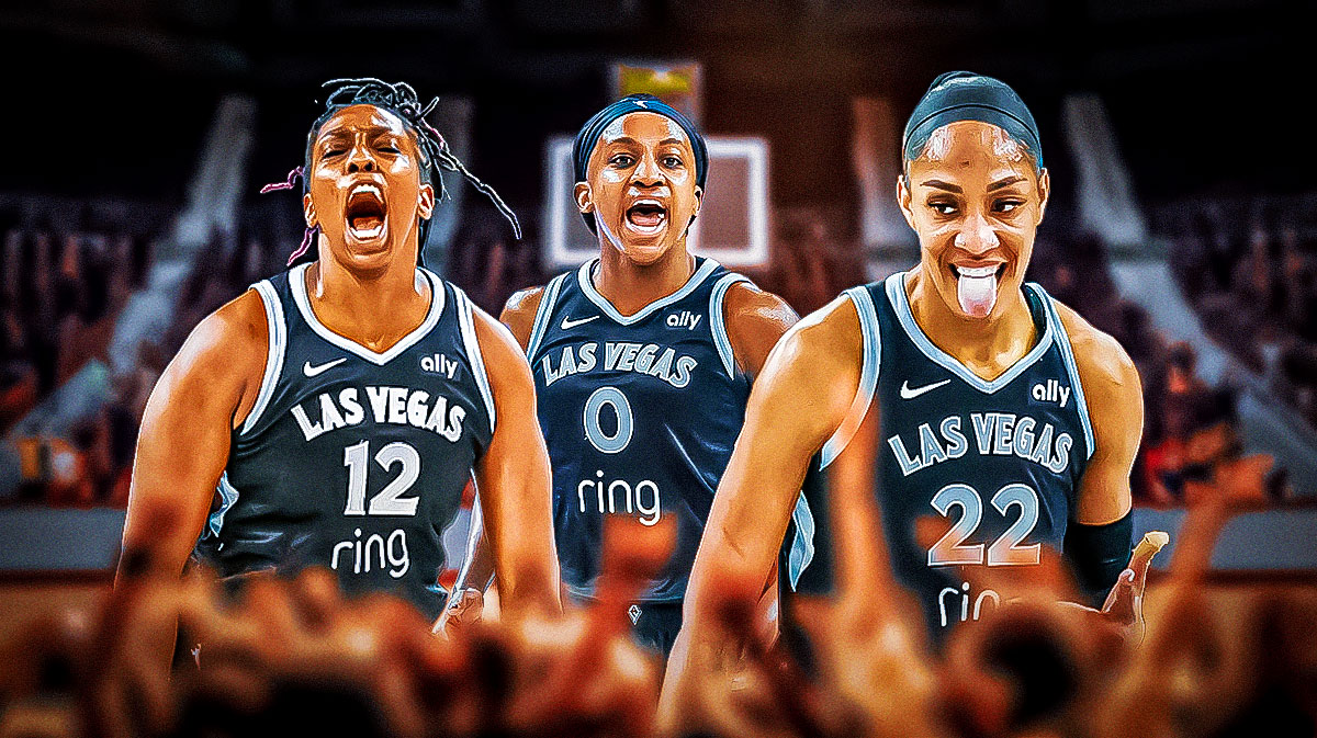 Jackie Young, A'ja Wilson, Chelsea Gray all beside each other, Las Vegas Aces logo in the background